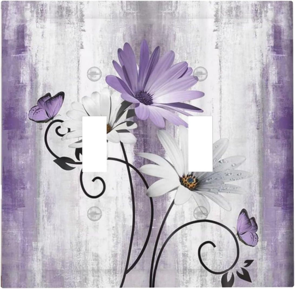 Decorative Light Switch Plate Covers Rustic White Purple Daisy Floral Flower 2 Gang Wall Plate Double Toggle Switch Cover Plate Electric Dual Device Electrical Faceplate for Bedroom Decor