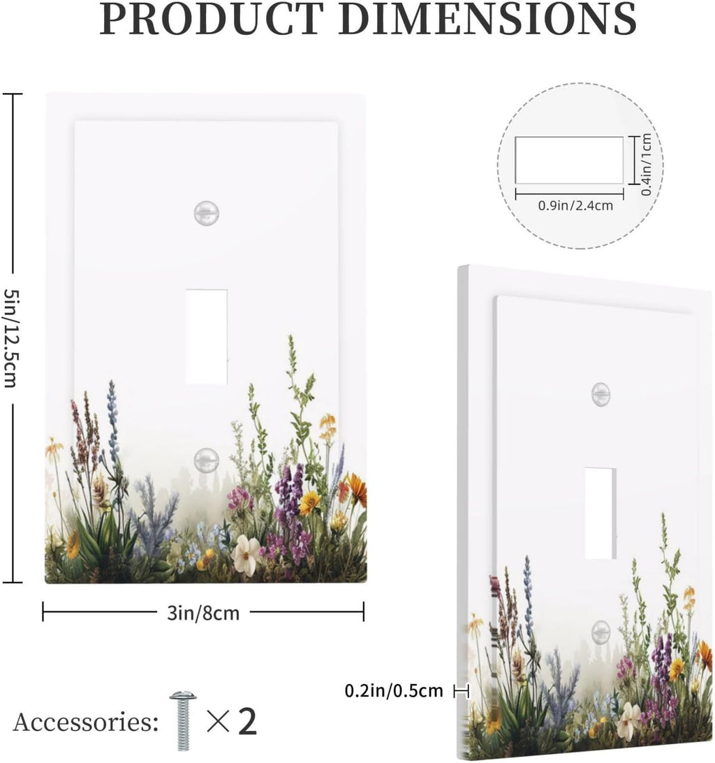 Decorative Light Switch Cover Plate White Background Colorful Flowers Plants Green Leaves 1 Gang Single Toggle Wall Plate Electrical Outlet Covers Decorate Switch Plate Cover for Bedroom Home Decor