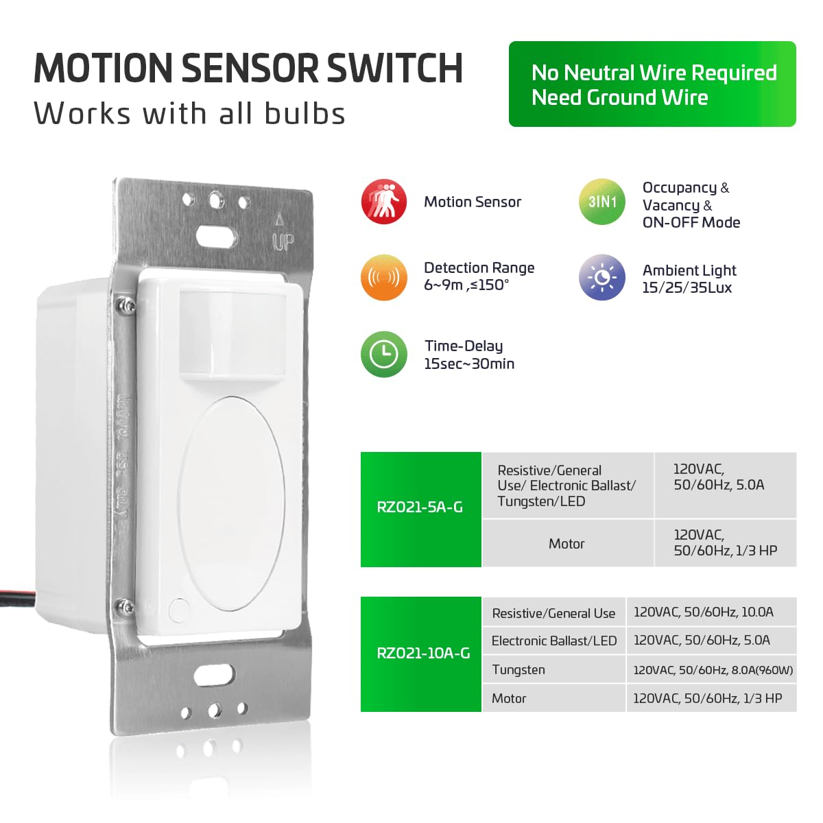 RAYZEEK Motion Sensor Light Switch,Need Ground Wire,Occupancy Sensor Switch, PIR Motion Activated Switch for Indoor,PC Fireproof, UL Certified