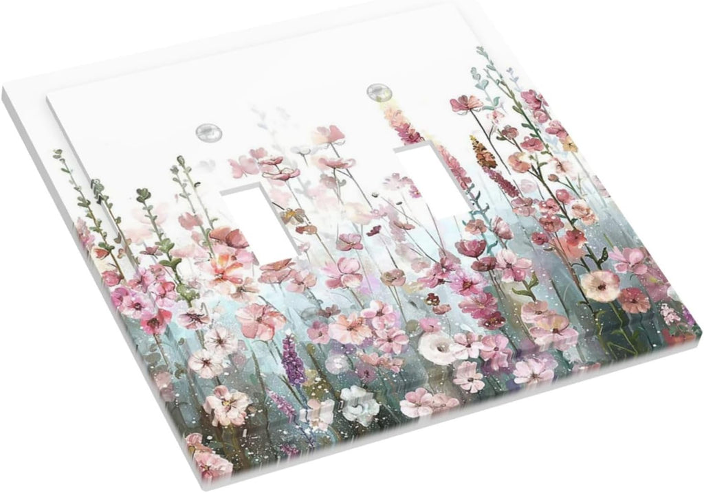 Colorful Flowers Pink Floral Watercolor Plant Decorative Switch Plates 2 Gang Double Toggle Outlet Light Switch Cover Wall Plate Electrical Faceplate for Bed Room Living Room Decor
