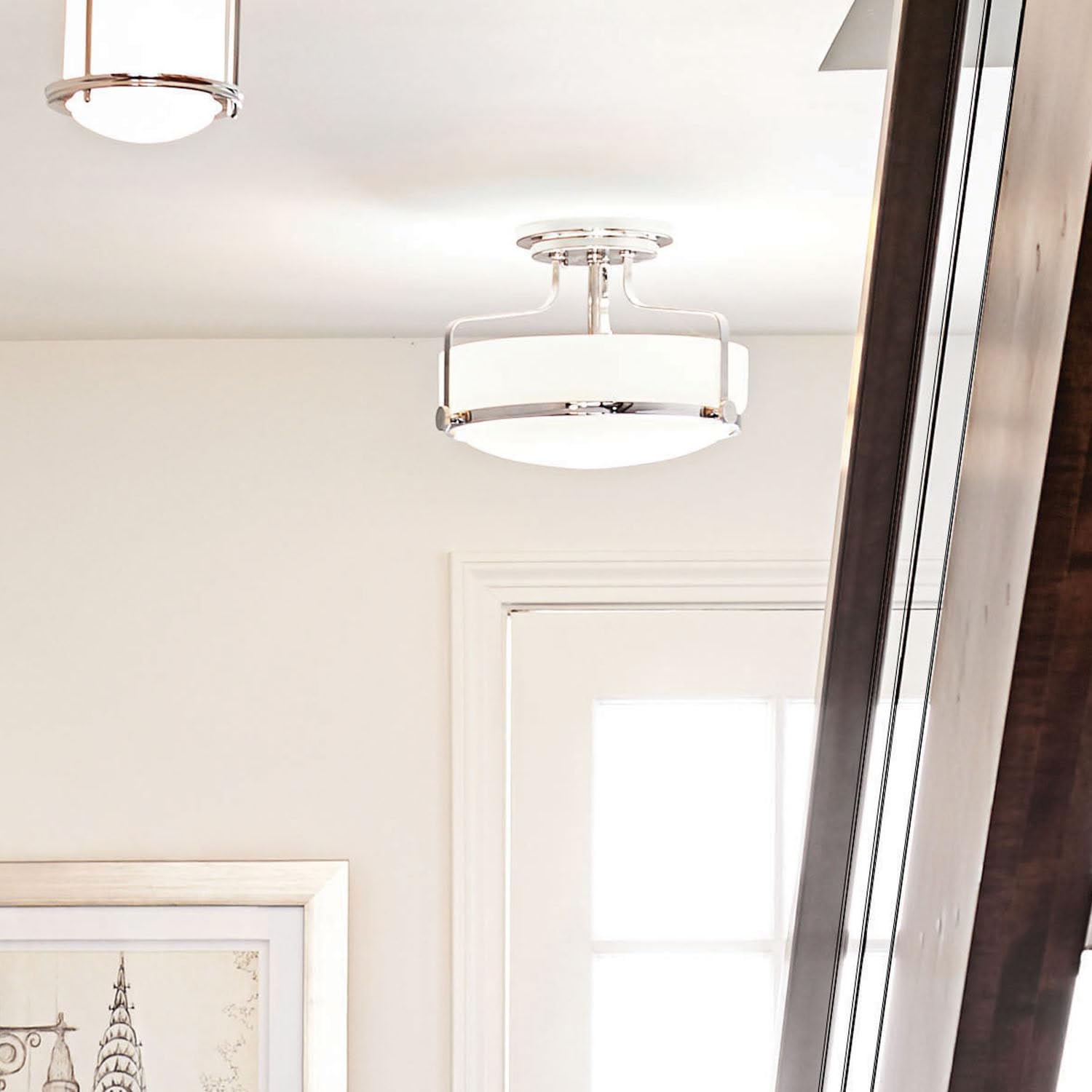 Hinkley Harper 3641CM Medium Semi-Flush Mount Ceiling Light - Sleek, Retro Style - Chrome + Etched Opal Glass