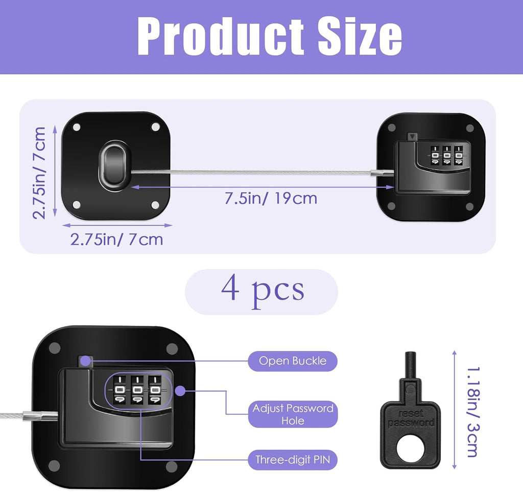 4PCS Fridge Lock Combination, Self-Adhesive Refrigerator Locks Freezer Door for Adults with Password (Black) (Square)