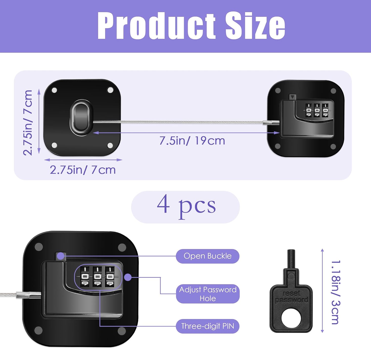 4PCS Fridge Lock Combination, Self-Adhesive Refrigerator Locks Freezer Door for Adults with Password (Black) (Square)