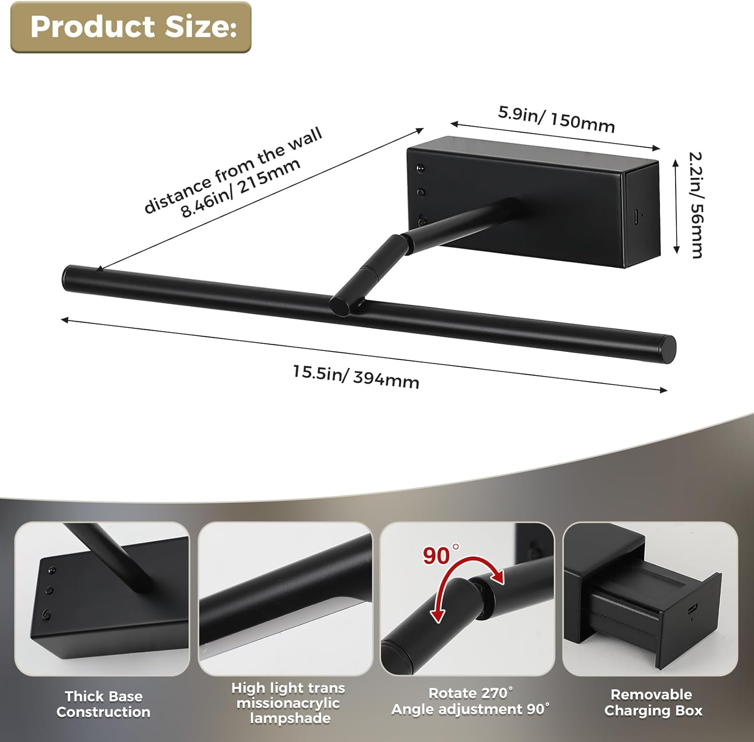 JOOSENLUX Battery Operated Picture Light Black 16-inch Wireless Art Display Light 3CCT Dimmable with Adjustable Arm Wall Light for Artwork Display Photo Showcases Canvases and Oil Paintings