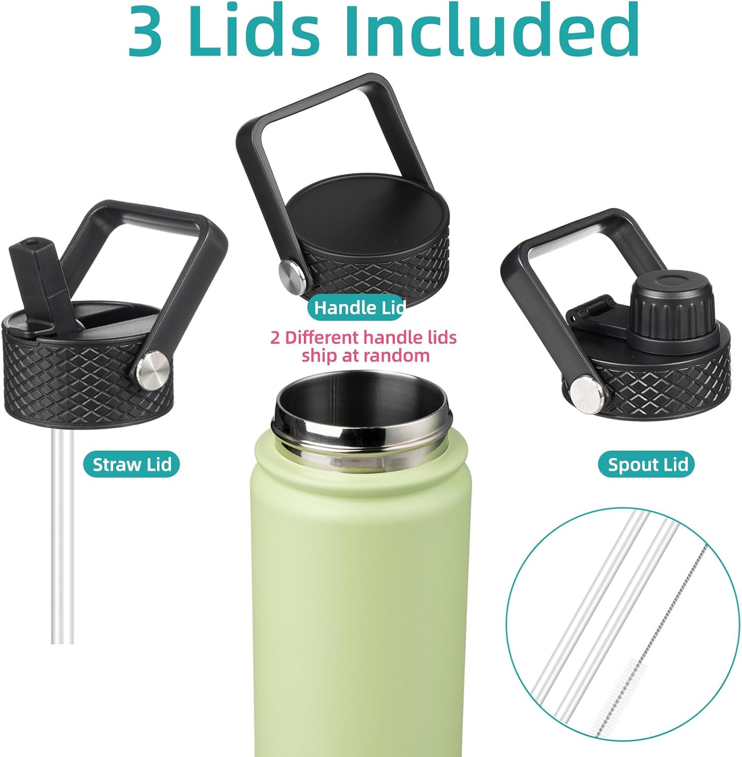 Insulated Water Bottle 24oz Stainless Steel Sport Bottles with 3 Lids,Macaron Green