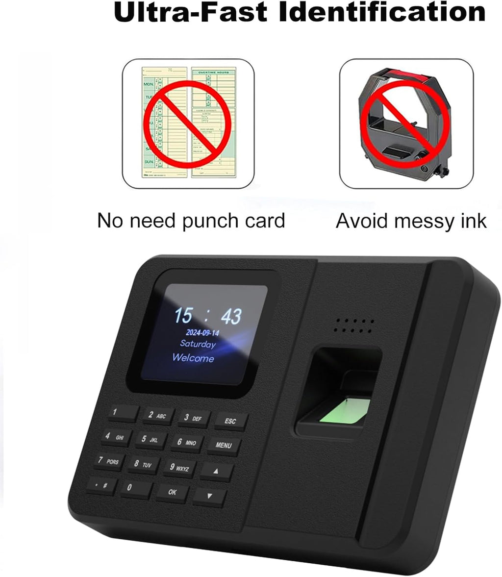 Time Clocks for Employees Small Business, Fingerprint + PIN, Biometric Clock in and Out Machine for Employees, No Monthly Fee, No Software Required