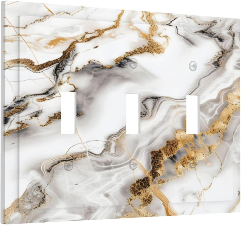 Luxurious Marble Abstract White Gold Tile Modern Simplicity Decorative Switch Plates 3 Gang Wall Plate Triple Toggle Light Switch Cover Faceplate Electrical Wall Panels for Bathroom Kitchen Decor