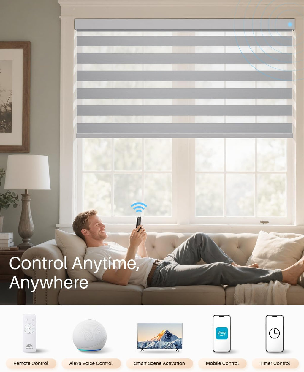 Smart Zebra Blinds for Windows, Alexa Motorized Blinds with Remote Control, Automatic Electric Power Zebra Shades for Indoor Windows (38" W x 72" H,Gray)