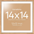 Homeforia Wood Square Frame 14x14, High End Natural Oak 14 x 14 Light Wooden Picture Frames with Mat 12 by 12 inch Photo, 14by14 Poster Frames Matted to 12x12 Print, Tempered Glass, Wall Kit, Set of 1