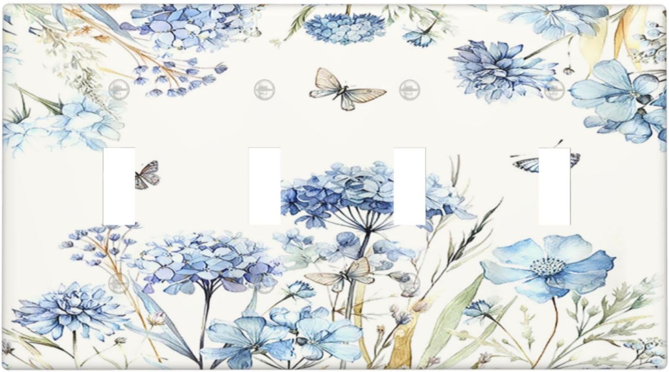 Light Switch Covers Blue Floral Hydrangea Plants Quad Toggle 4 Gang Wall Plate Electrical Faceplate Decorative Switch Plates for Bedroom Home Decor