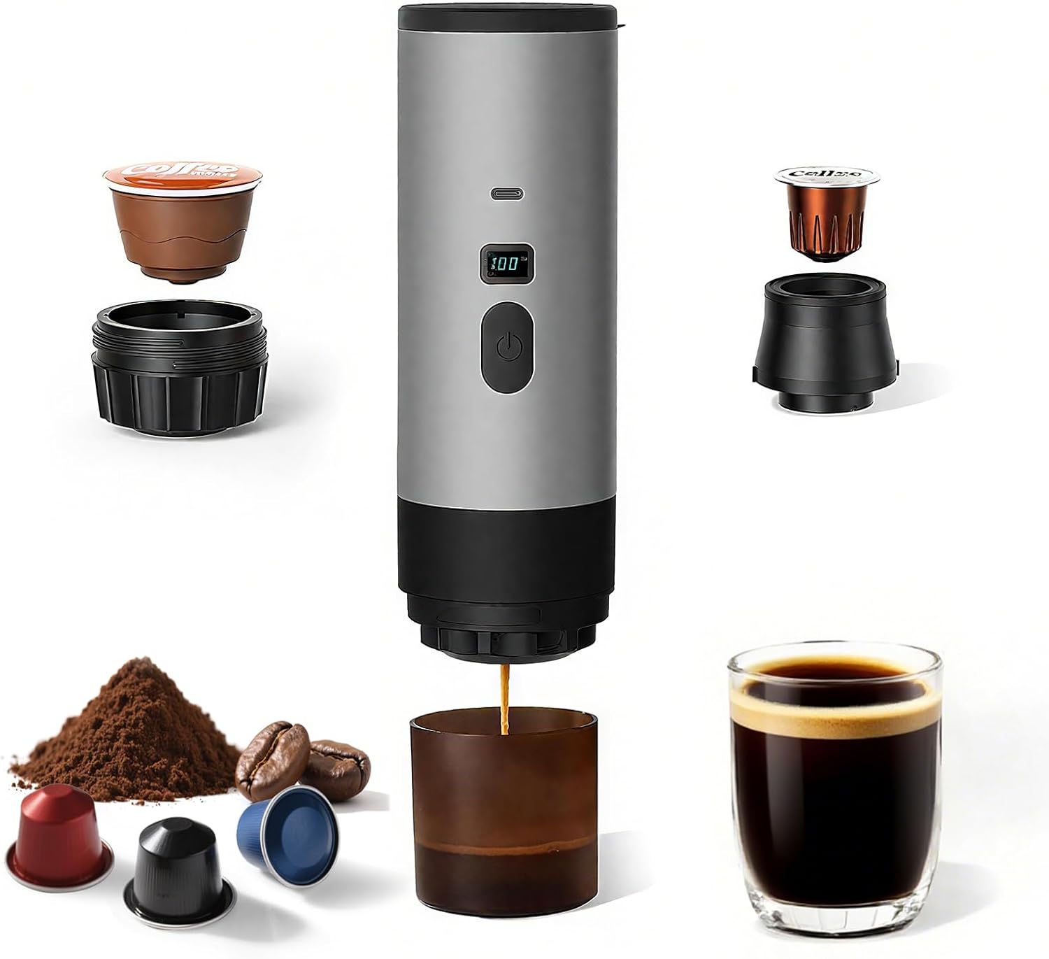 Portable Coffee Maker Espresso Machine with 7800mAh Battery & Digital Display, Self-Heating Travel Coffee Maker for Camping, Car, USB-C Compatible with Ground Coffee & NS Capsules RV Hiking Office