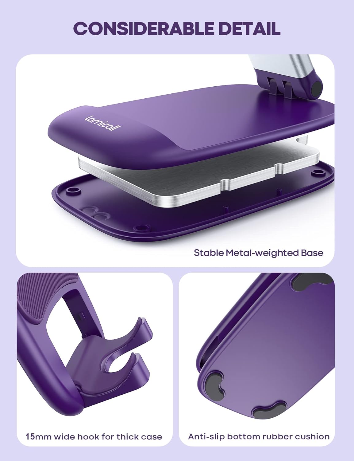 Lamicall Purple Phone Holder for Desk - Dark Purple Cellphone Stand Desk Accessories Desktop Office Must Have for iPhone 17 16 15 14 13 Pro Max Mini, 12 11 XR X 8 7 6 Plus SE, 4-8'' Smartphone