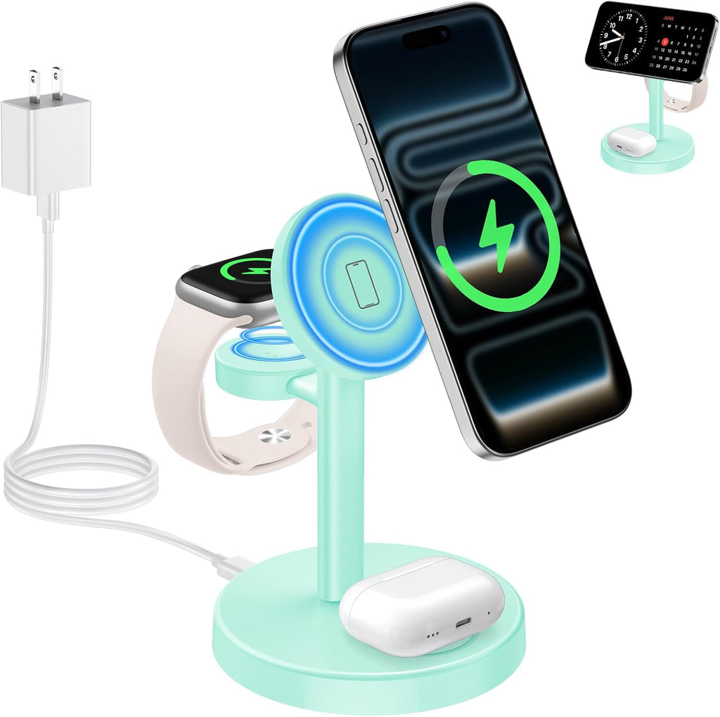 2025 3 in 1 Wireless Charging Station Compatible with MagSafe, 15W Fast Magnetic Mag-Safe Charger Stand for Apple iPhone 17 16 15 14 13 12 iWatch AirPods Pro 4 3 2, LightGreen