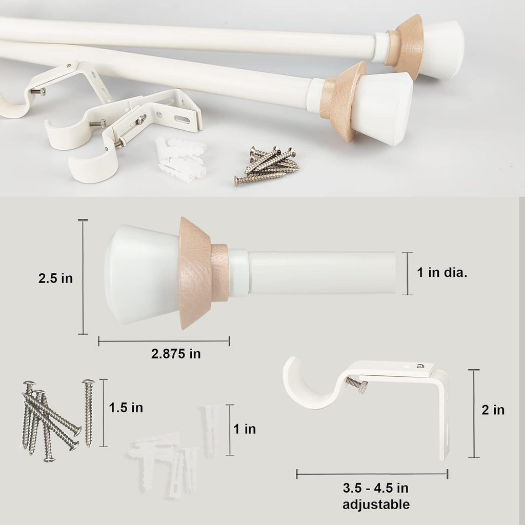 Nordic Style White Single Curtain Rod Set with Decorative Finials, 36-72 inch, Standard Single Drapery Rod for 1 Pack, 1 Inch diameter, Adjustable Length (36-72'', White)