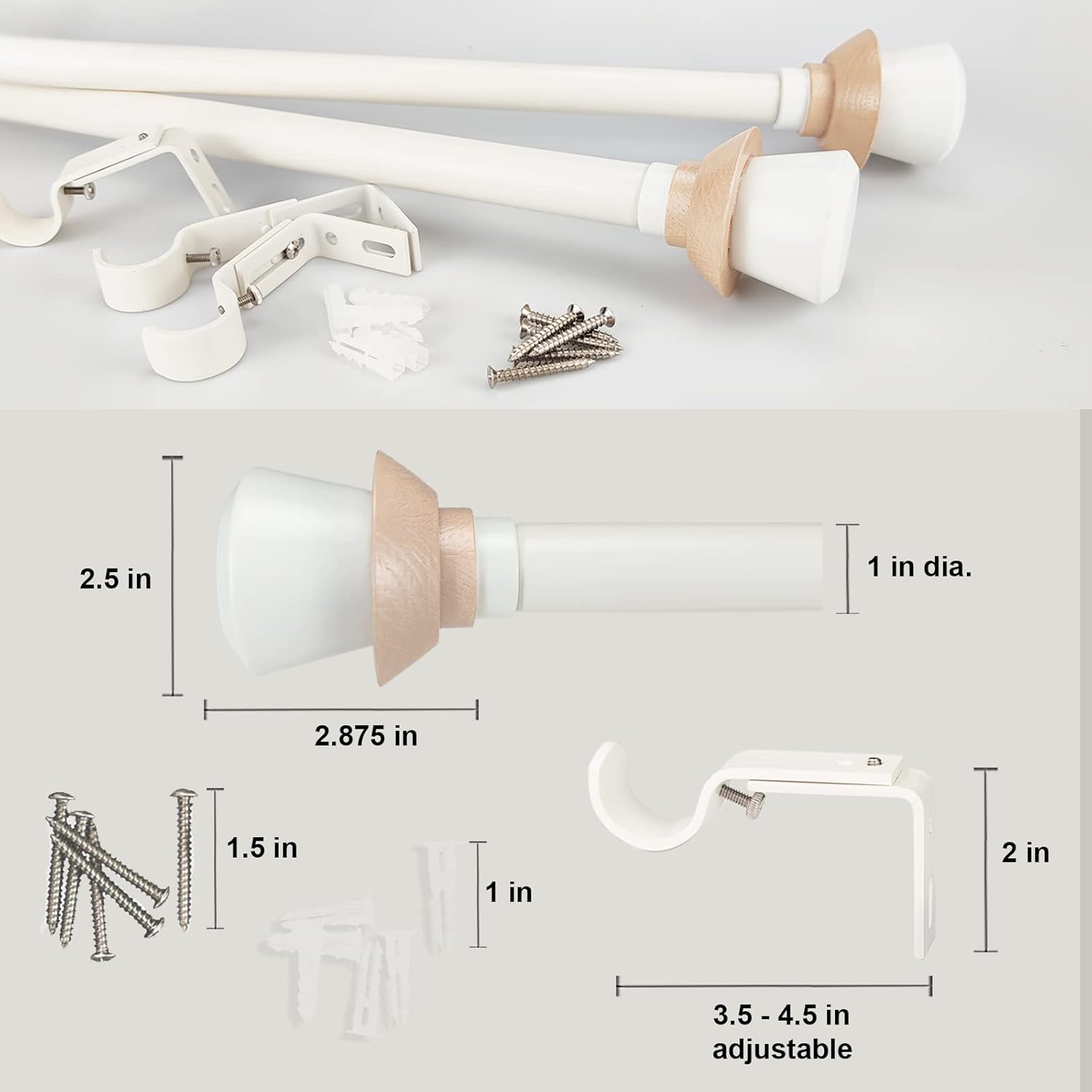 Nordic Style White Single Curtain Rod Set with Decorative Finials, 36-72 inch, Standard Single Drapery Rod for 1 Pack, 1 Inch diameter, Adjustable Length (36-72'', White)
