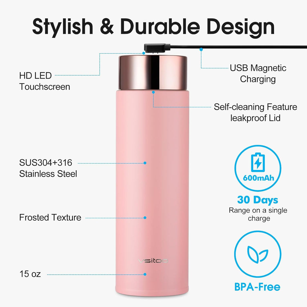 Vsitoo Smart self cleaning Insulated Water Bottle, 15oz Stainless Steel Vacuum Flask, AI Self-Clean, 30-Day Battery Life, BPA-Free, Magnetic Charging, Portable Travel Mug Gifts for Men Women, Pink