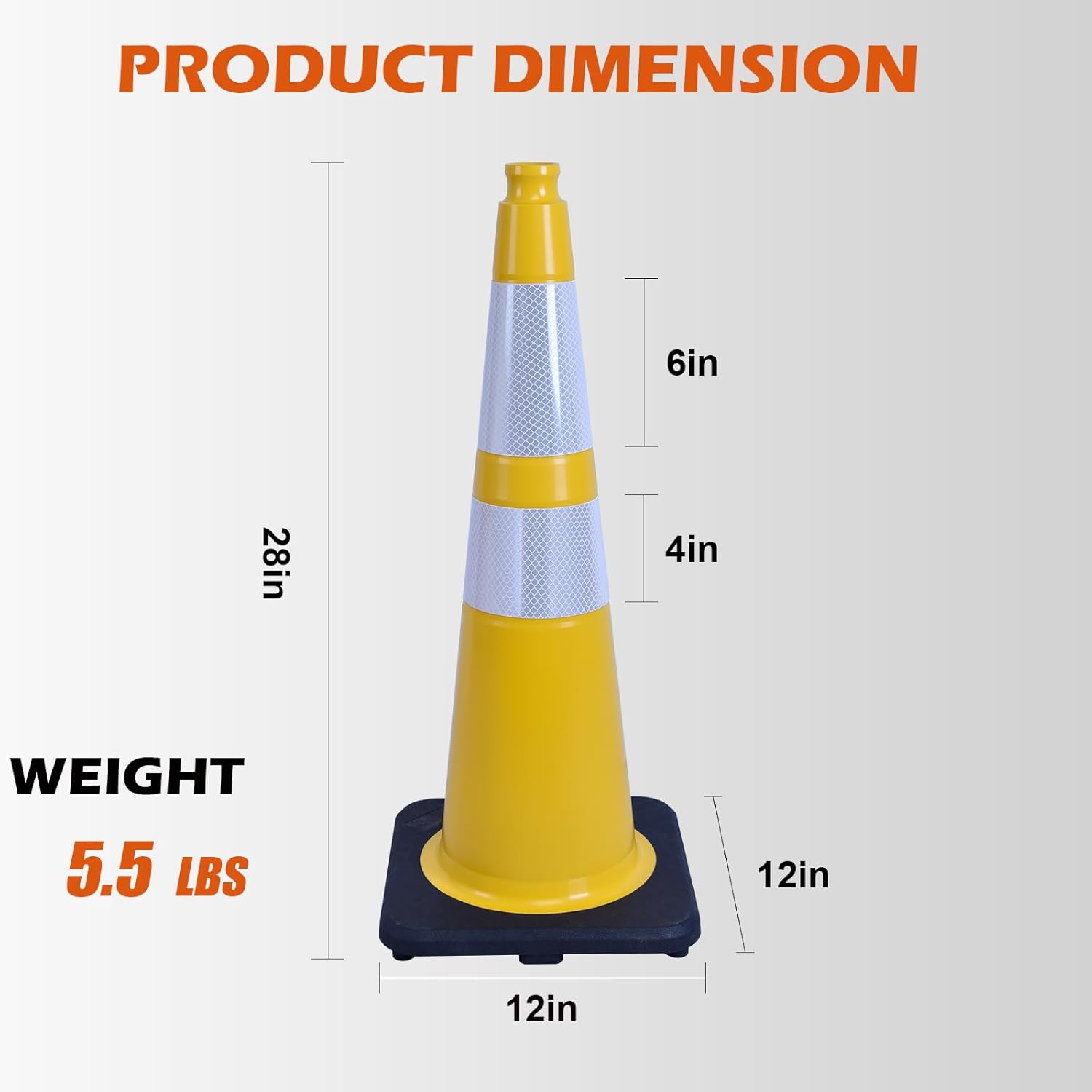 6 Pack 28 Inch Yellow Reflective Traffic Cones, Heavy Duty Black Base Safety Cones for Work Zones, Roadside Assistance and Maintenance Areas (6, Yellow, 28 Inch)