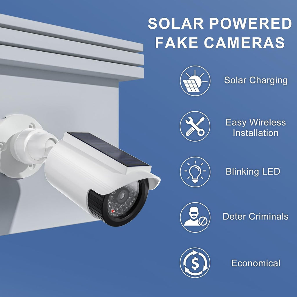 WALI Fake Dummy Camera, Solar Powered Fake Security Camera with LED Light, for Inside Outside Decoy Simulated Surveillance Security CCTV Dome Cameras with Warning Sticker (SOLTC-W2), 2 Packs, White
