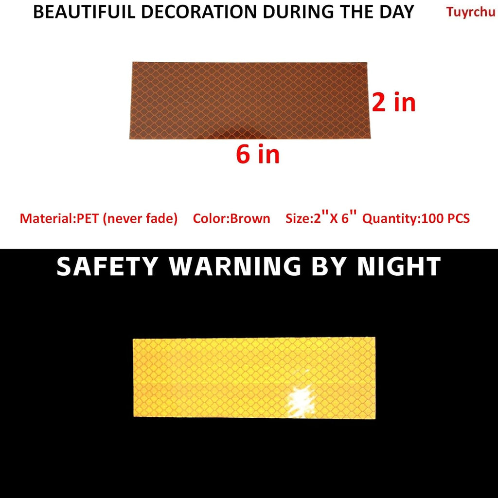 Non Fading Brown Reflective Stickers 2 inch X 6 inch, Outdoor Waterproof High Visibility Warning Safety Adhesive Reflector Tape (100 Pcs)