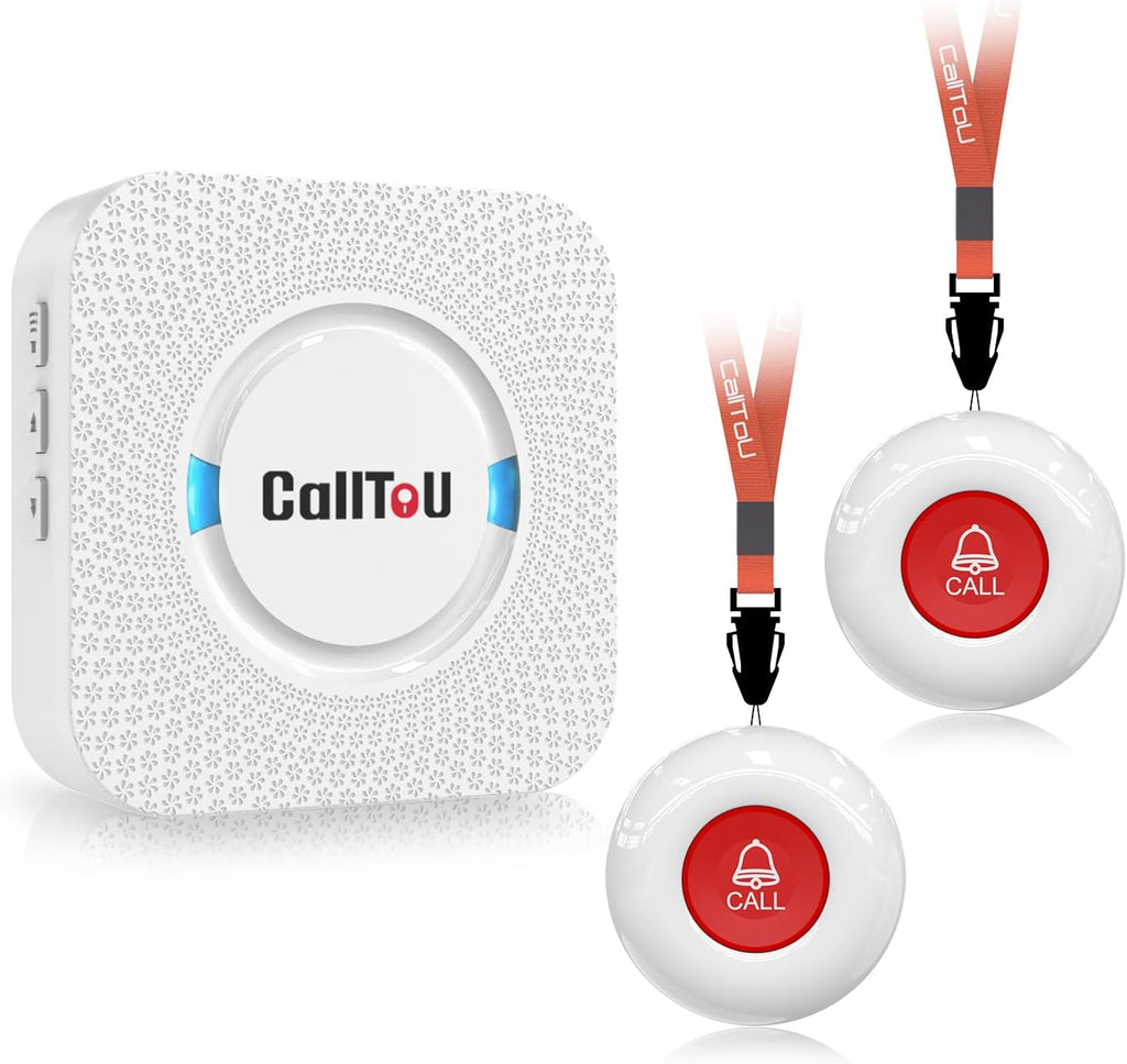 CallToU Elderly Monitoring Call Button Wireless Caregiver Pager Smart Senior System with Light Personal Buzzer Alarm 2 Portable Transmitters 1 Plugin Receiver