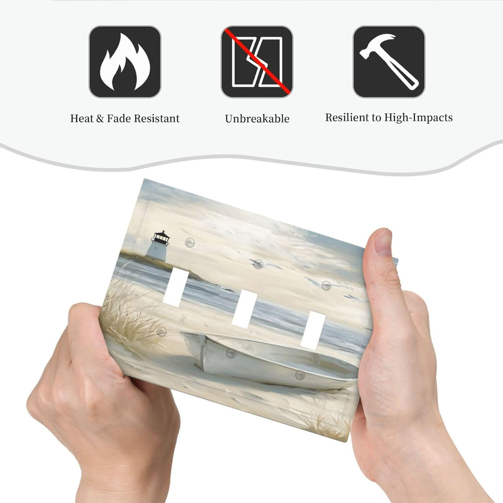 Decorative Light Switch Plate Covers Seascape Painting with Lighthouse Boats 3 Gang Artistic Wall Plate Unique Triple Toggle Light Switch Covers for Bedroom Home Decor
