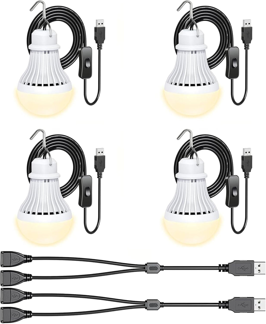4 Pack USB Light Bulb, USB LED Camping Light Lantern, 8.2 ft Extra Length Cord Tent Light with USB Y-Cable, Portable LED Bulb for Garage Warehouse Car Truck Fishing Boat Room Emergency Light, Warm