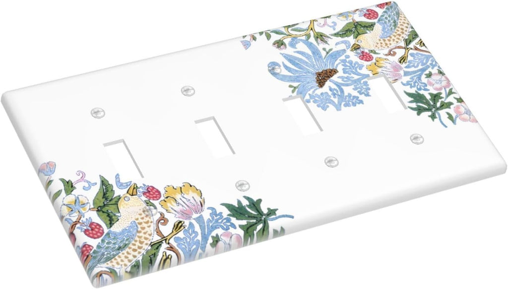 Decorative Light Switch Cover Plate Retro Morris Strawberry Rustic Plant Bird 4 Gang Wall Plate Oversized Quad Toggle Switch Cover Plate Jumbo Faceplate for Bedroom Decor
