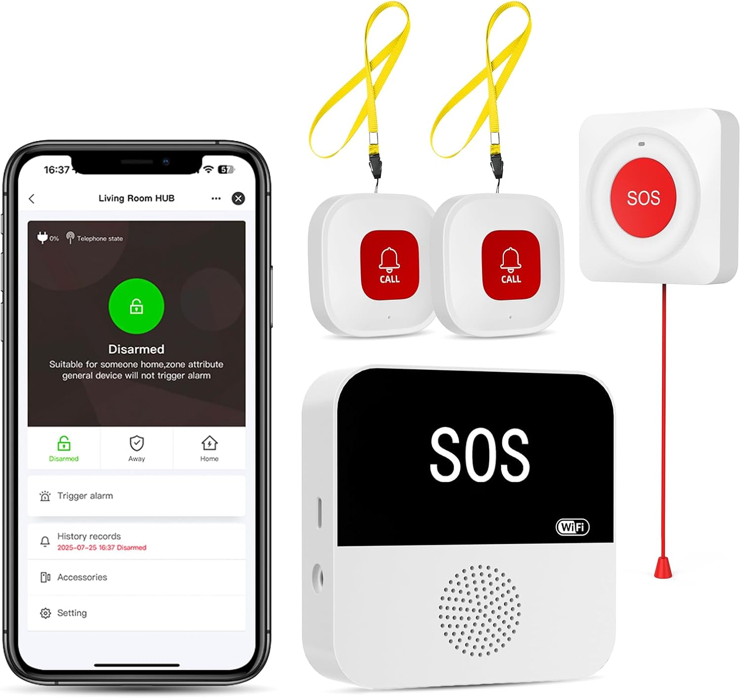 WiFi Caregiver Wireless Call Button System - 2 Lanyard + 1 Pull Cord Emergency Button, No Monthly Fee APP Alert, Custom Names/Tones, Elderly Safety for Mobile, Bathroom & Bedside Care