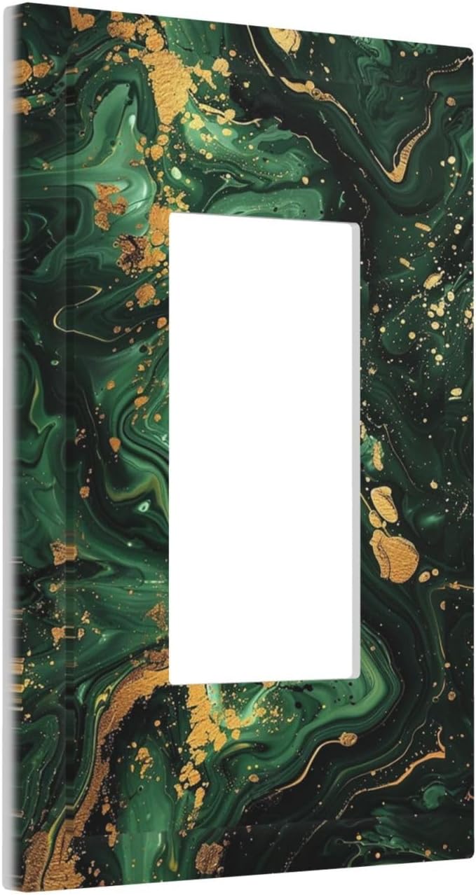 Green/Gold Modern Abstract Luxury Marble 1 Gang Wall Plates Single Rocker Light Switch Covers Decorative Switch Plates Electrical GFCI Panel Covers for Home Office Decor 5 x 3 IN