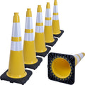 6 Pack 28" Large PVC Traffic Cones with Heavy-Duty Black Base, Garage Parking Lot Cones Structurally Stable Weatherproof Road Construction Safety Cones (6, Yellow, 28" Large)