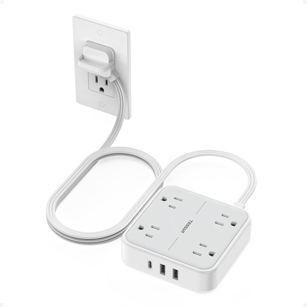 Flat Plug Extension Cord 5 Ft, TESSAN Surge Protector Power Strip Ring Pull with 3 USB (1 USB C) 4 Outlets, 900 Joules Protection, Desktop Charging Station for Home, Office, College, Dorm Room, Gray
