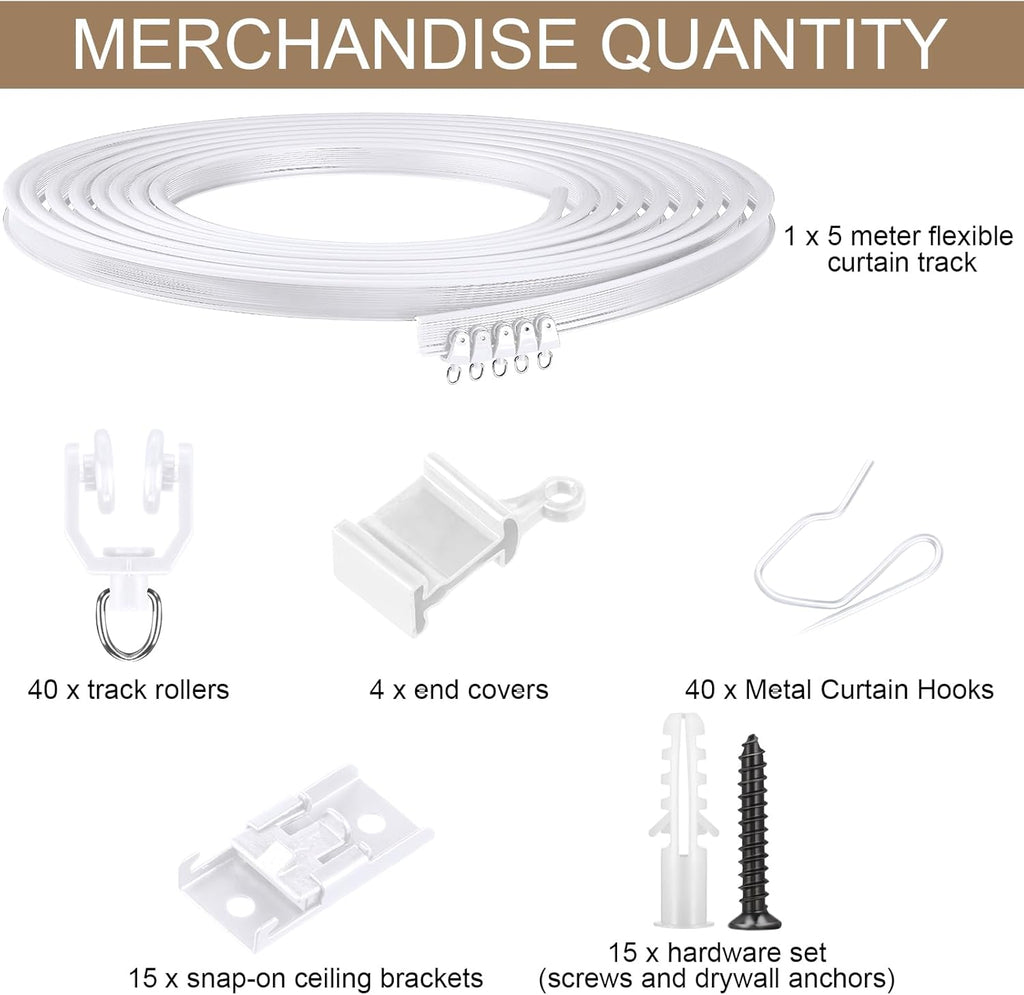 Jetec Curtain Tracks Ceiling Flexible Curtain Track Bendable Rail Curved Wall Mounted for Living Room Bedroom Divider Rod RV(5 Meter/ 16.4 Feet,White)