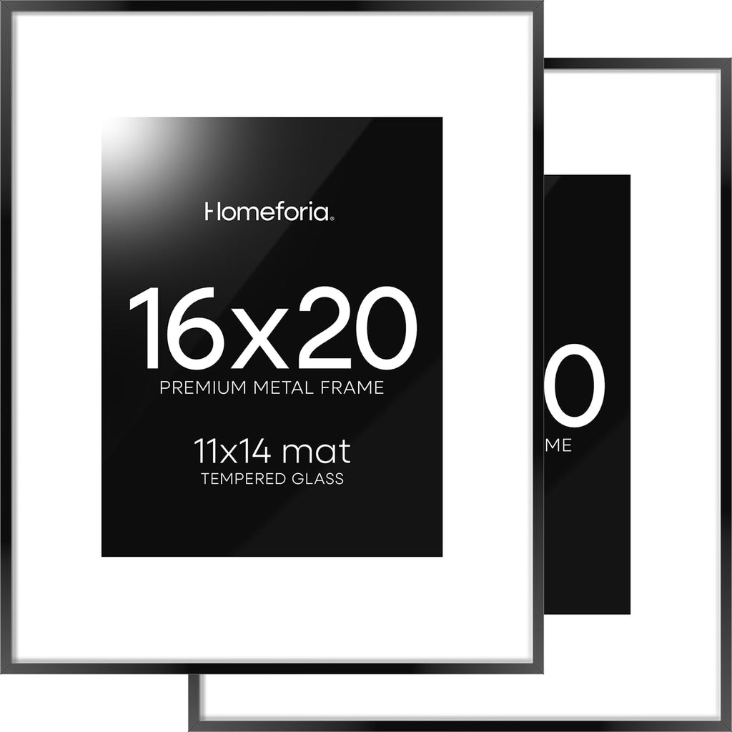 Homeforia 16 x 20 Picture Frame Black, High End Metal 11x14 Matted for 16x20 Frame, 16 x 20 Black Poster Frame with Mat 11 x 14 inch Photo, 20x16 Thin Hanging Frame, Tempered Glass, Wall Kit, Set of 2