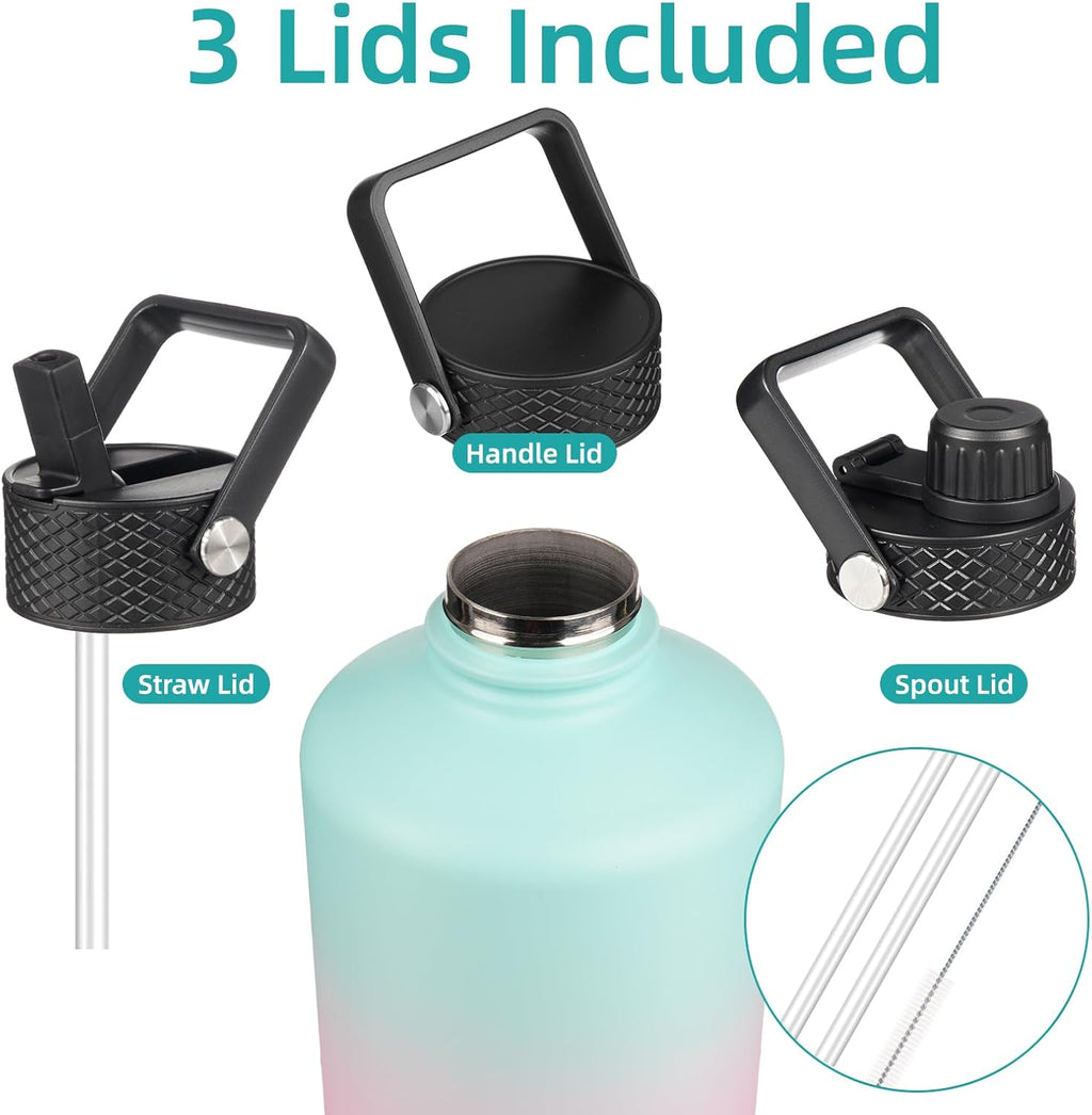 Gallon Insulated Water Bottle with Straw,128 oz 3 Lids Water Jug with Carrying Bag,Paracord Handle, Double Wall Vacuum Stainless Steel Metal Flask,Gum