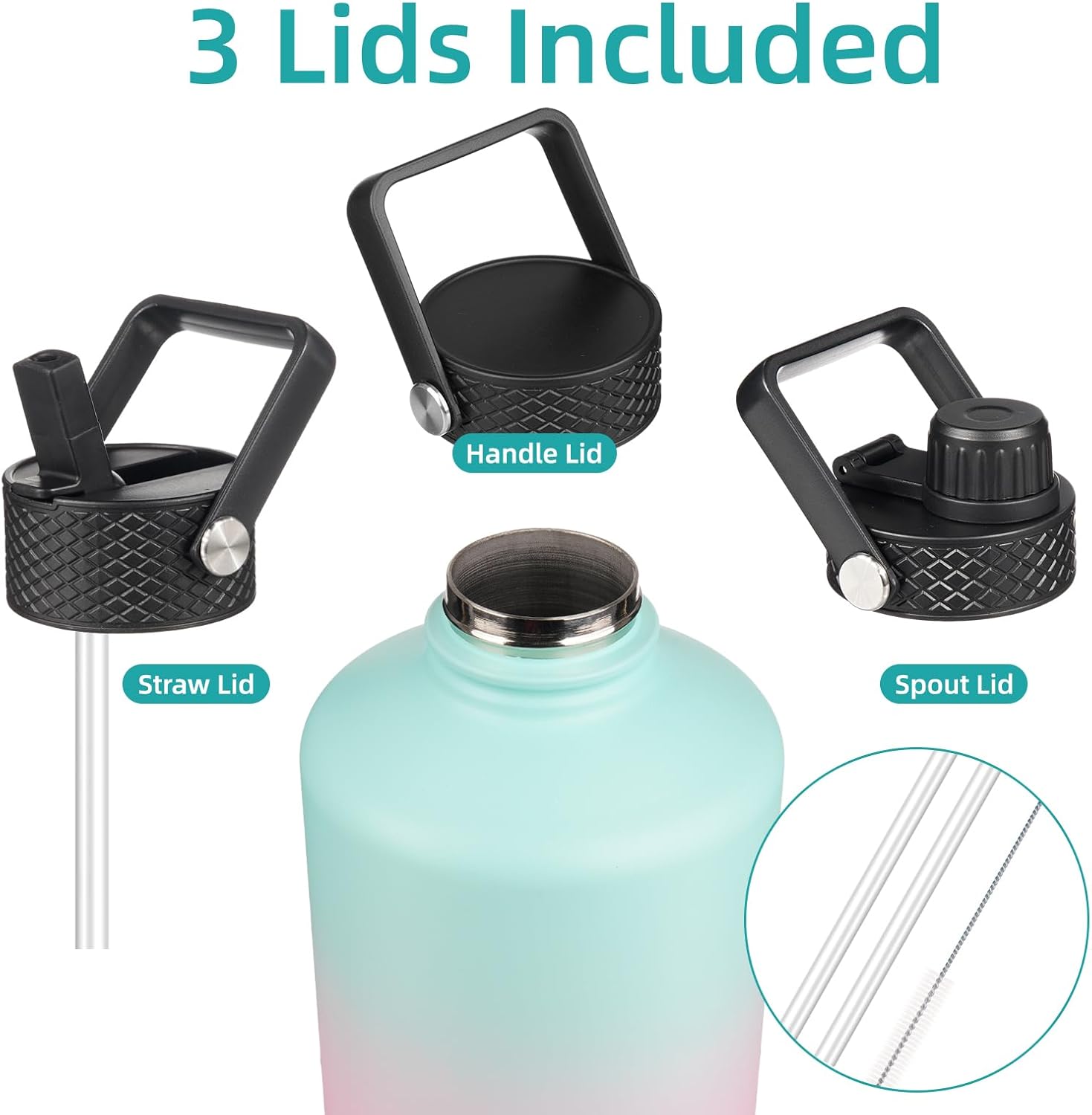 Gallon Insulated Water Bottle with Straw,128 oz 3 Lids Water Jug with Carrying Bag,Paracord Handle, Double Wall Vacuum Stainless Steel Metal Flask,Gum