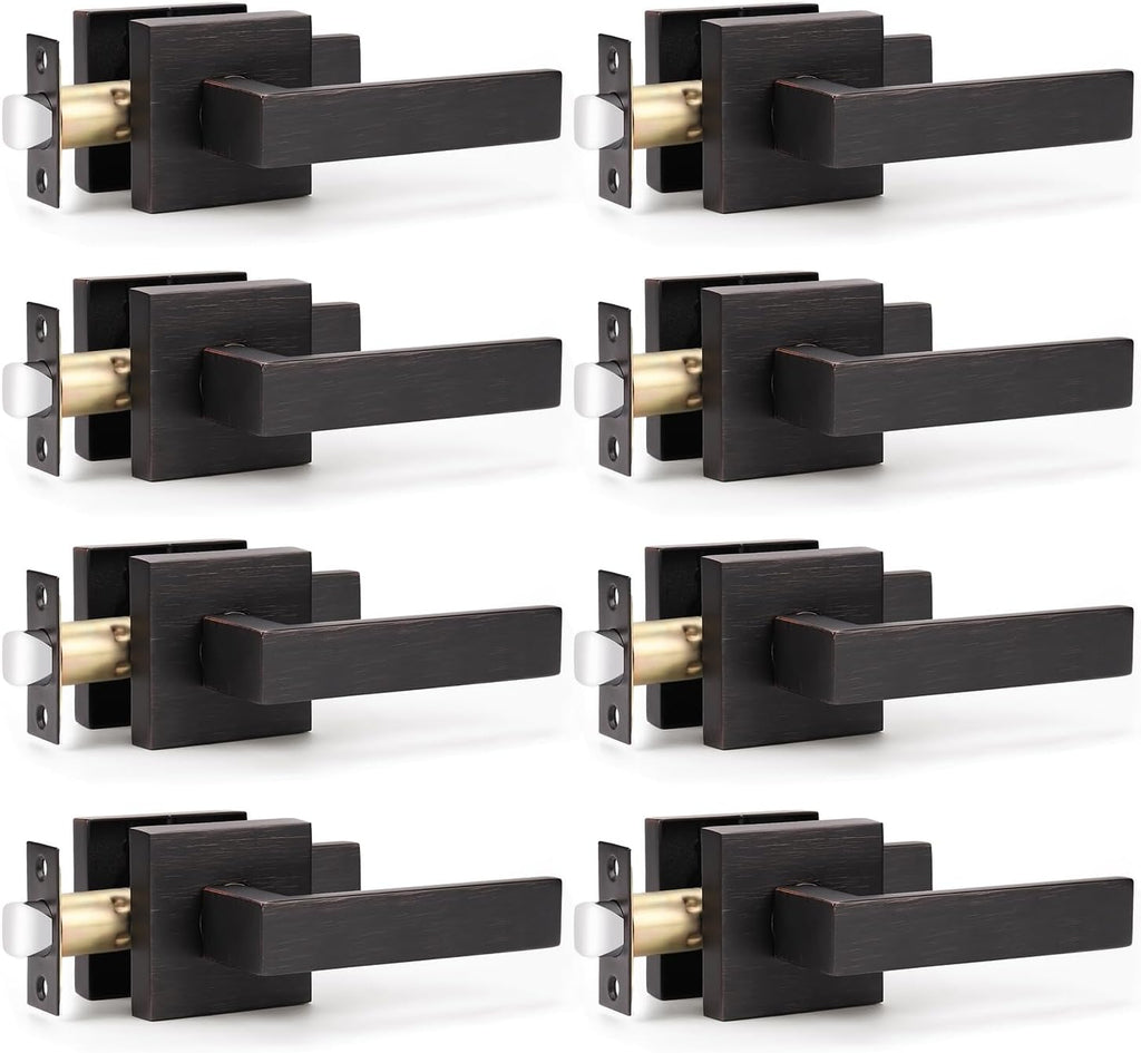 KNOBWELL 8 Pack Passage Door Handle Interior, Oil Rubbed Bronze Door Handles for Closet/Hallway Without Lock, Pull Only Square Door Knob with Levers
