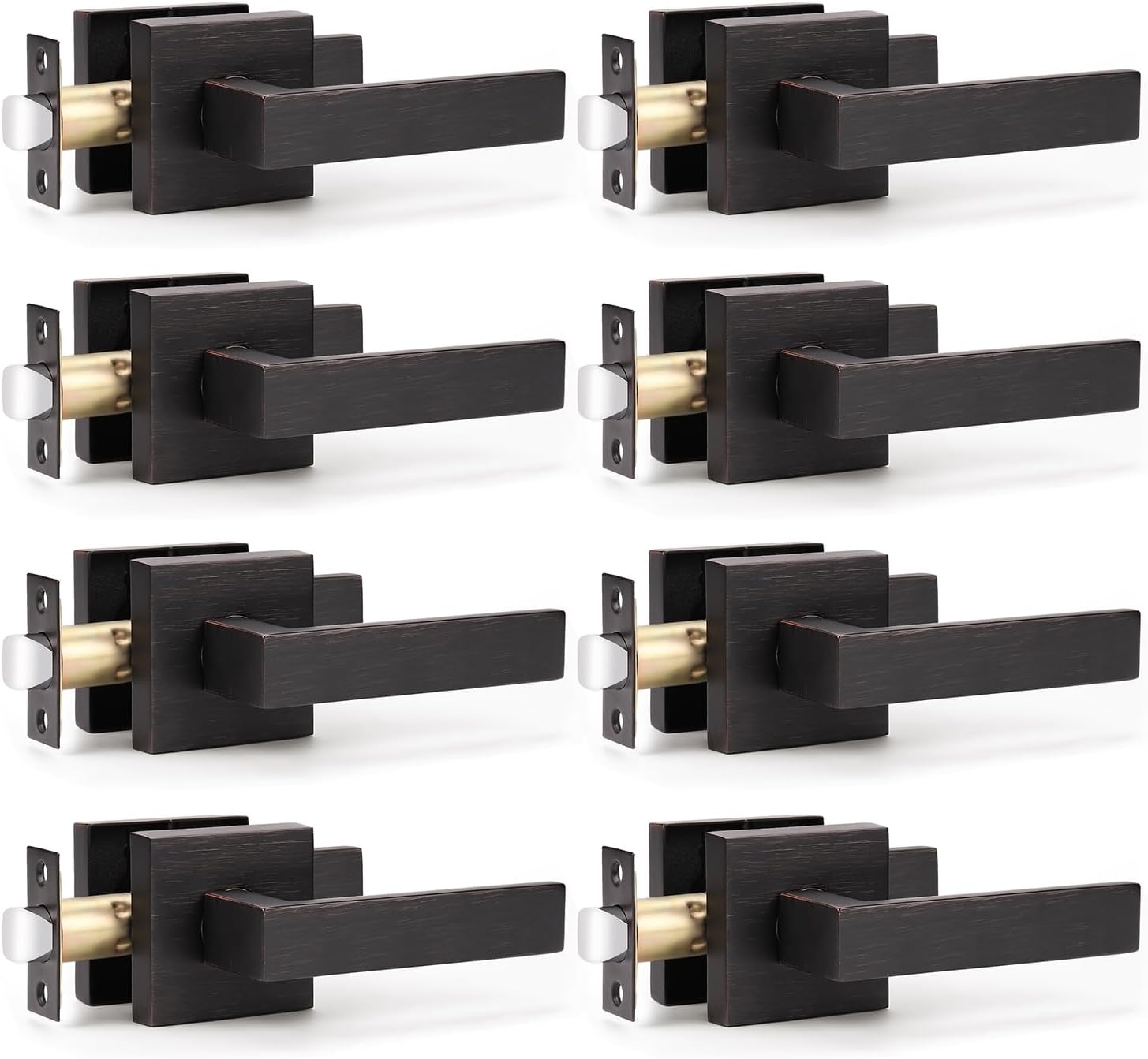 KNOBWELL 8 Pack Passage Door Handle Interior, Oil Rubbed Bronze Door Handles for Closet/Hallway Without Lock, Pull Only Square Door Knob with Levers