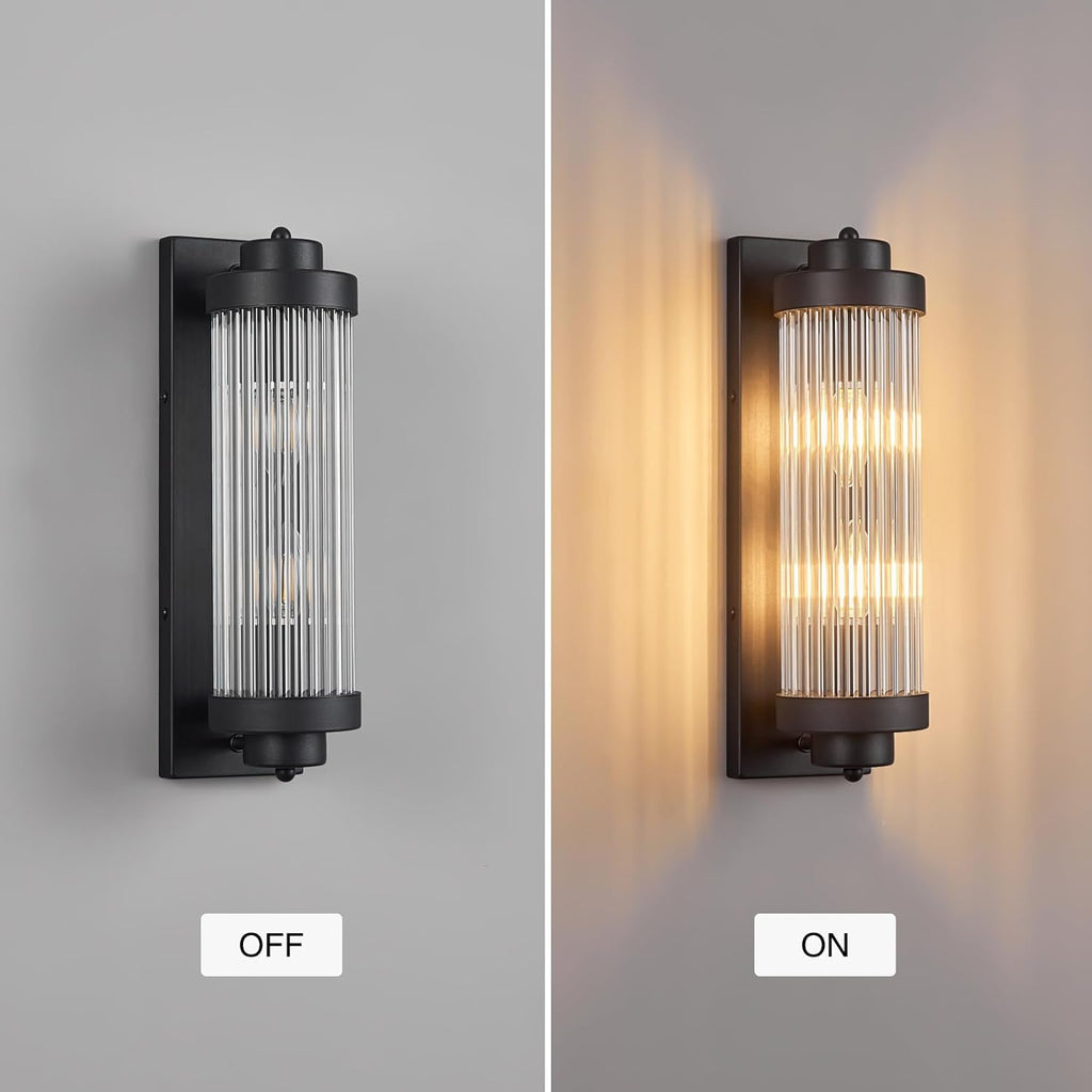 Black Wall Sconces with Crystal Glass Strip Bathroom Sconces Modern Wall Lights for Bedroom Living Room Hallway Wall Light Fixtures, 2 Light E12 Base