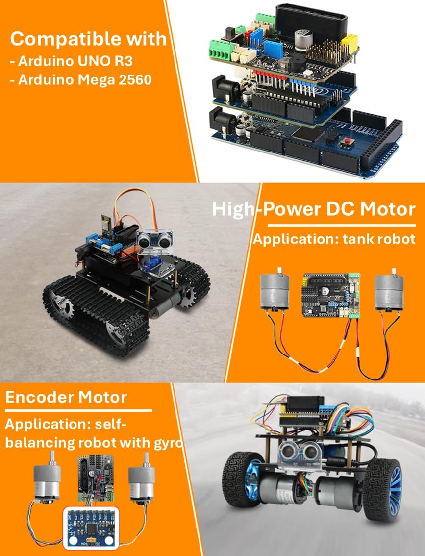 Motor Driver Board for Arduino, 4 DC/Encoder Motors, 2 Stepper Motors, 8 Servo Motors, PCA9685 Expansion Shield with PS2 Interface, Compatbile with UNO R3, Mega2560