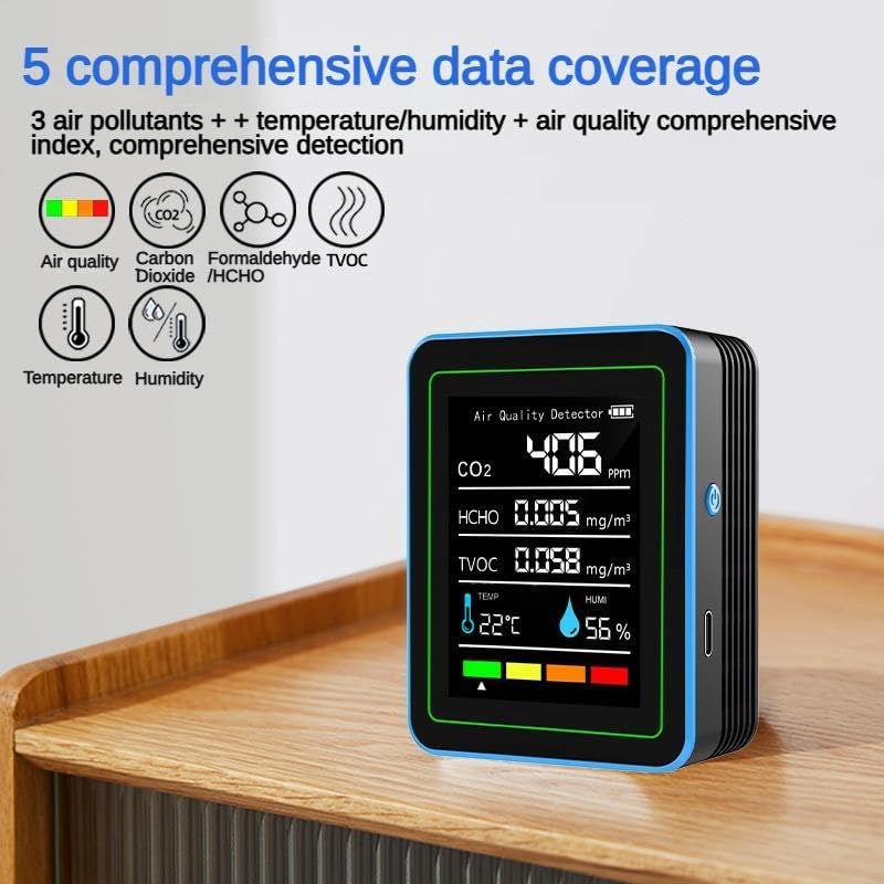 5-in-1 air Quality Monitor, Professional air Quality Detector with CO2 Monitor/Formaldehyde/TVOC/Temperature/Humidity, Suitable for Home, Hotel, Office, car