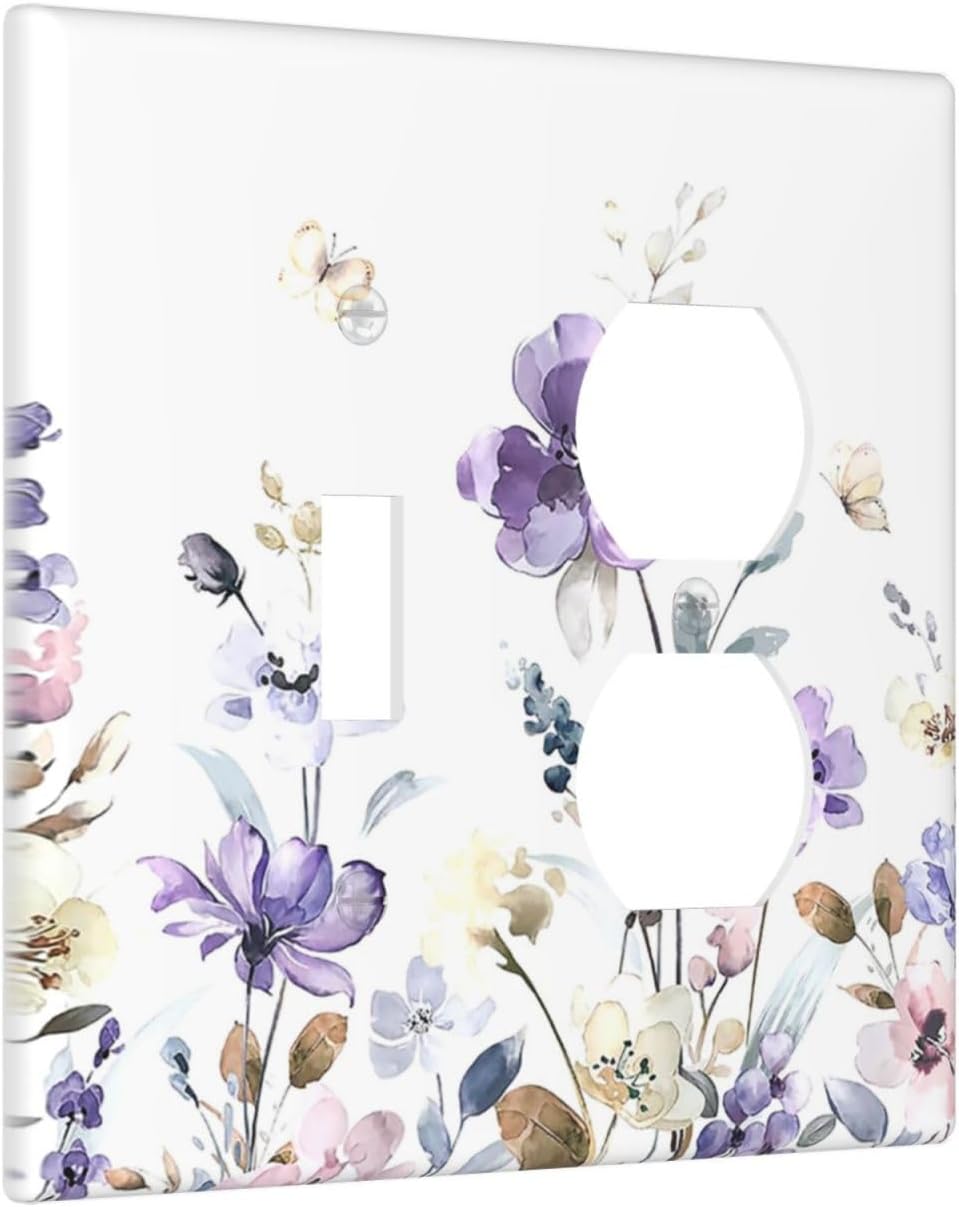 Wallplates Purple Floral Lilac Watercolor Flower Leaves Butterfly Wildflower 1 Toggle 1 Duplex Switch Plate Electrical GFCI Faceplate Decorative Light Switch Covers for Bedroom Home Decor