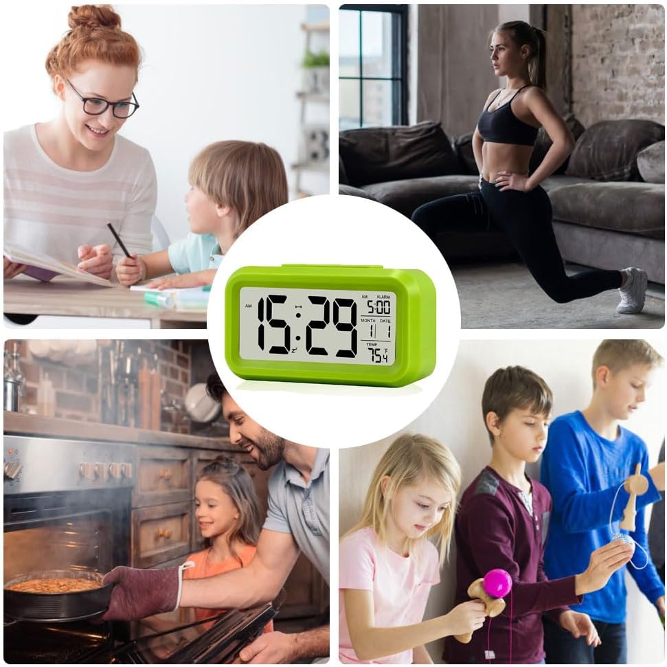 Digital Alarm Clock with LCD Display, Desk Smart Electronic Small Clock with Indoor Temperature, Date, Light Sensor, Backlight, Battery Operated, for Home Bedroom Kids Office (Green)