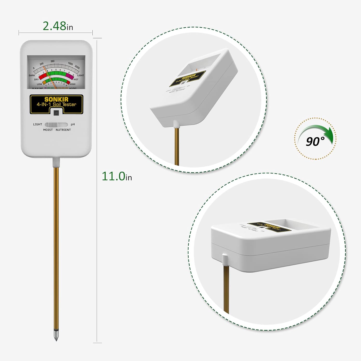 SONKIR Soil Moisture Meter, 4-in-1 Soil Ph Meter, Soil Tester for Nutrients, Moisture, PH and Light, Soil Ph Test Kits for Plant, Great for Garden, Lawn, Indoor & Outdoor Use (No Battery Required)