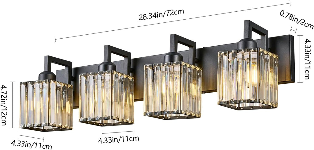 Black Bathroom Light Fixture, 4-Light Crystal Vanity Lighting, Bathroom Lighting Fixtures Over Mirror, Modern Crystal Wall Lamp