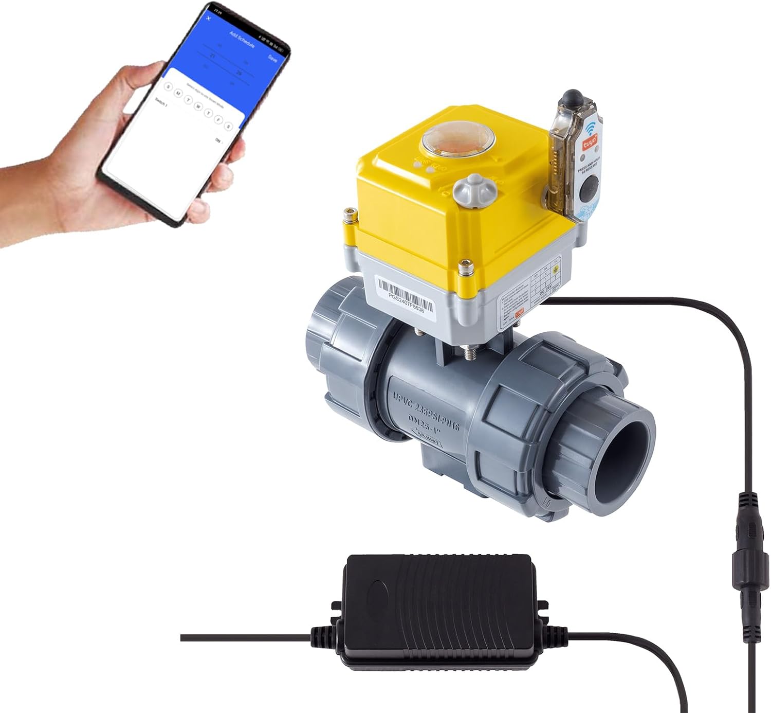 Smart electric valve, TUYA-WIFI-APP control, 1.5-inch PVC electric ball valve full bore, 2-wire automatic reset, normally closed, DC24V actuator/AC110V-230V power adapter, suitable for water systems