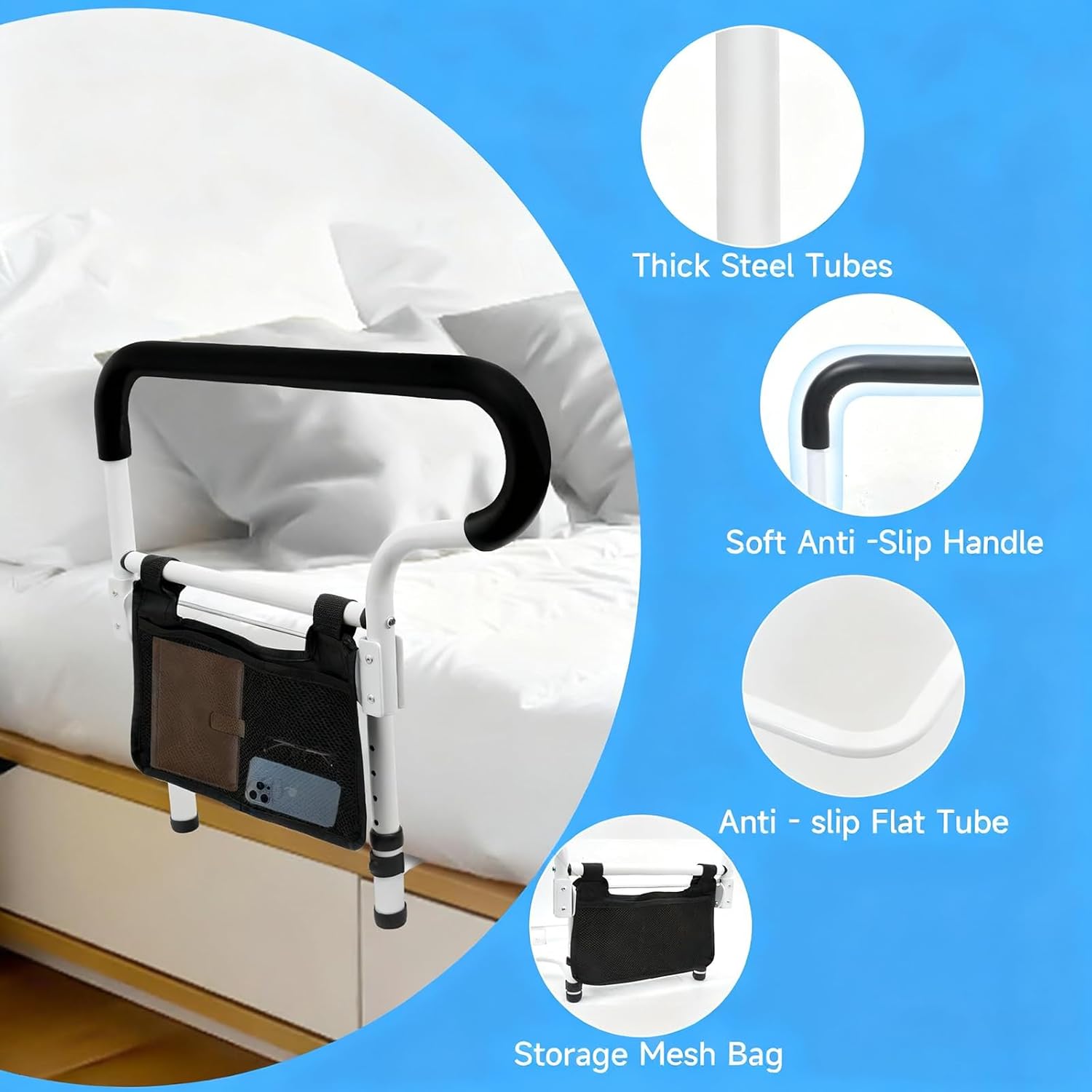 Bed Rails for Elderly Adults Safety-ASTM Approved Adjustable Bed Assist Rail for Seniors,with Storage Bag & Fixing Strap, Foldable Bed Assist Handle -Non-Slip Ergonomic Handle