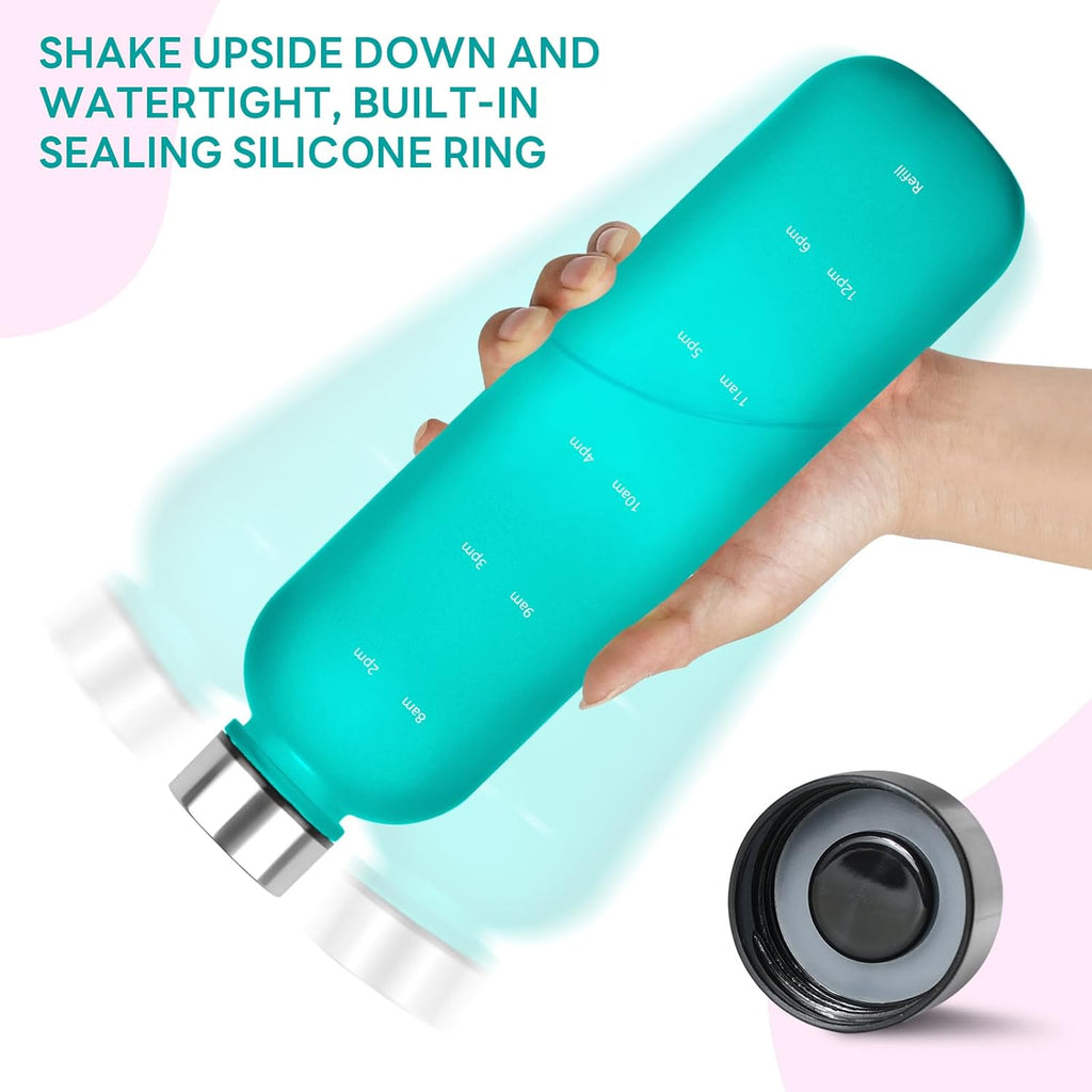 1L（33 oz） daily tracking schedule time hours reminder motivational day goals hydration capacity measured marker tracker plastic wide mouth measurements water bottle