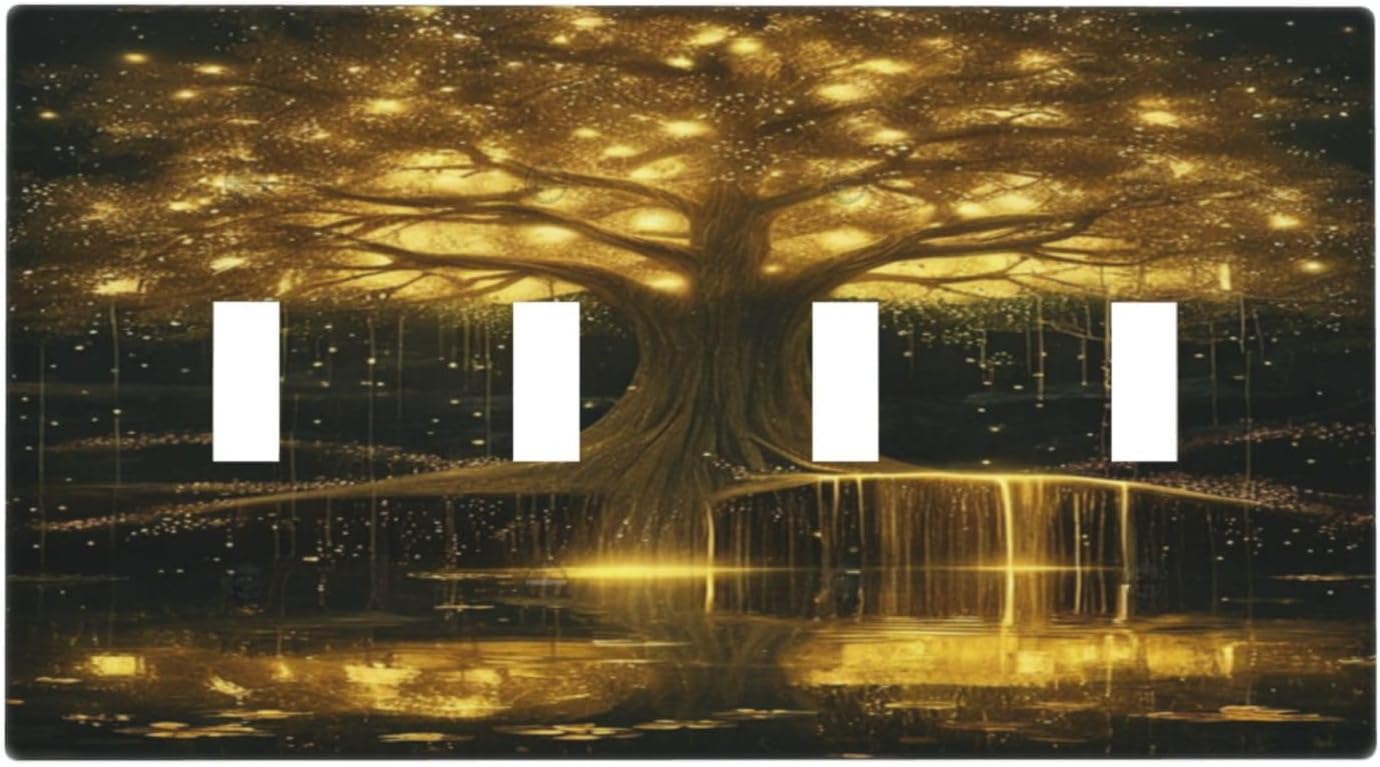 Decorative Light Switch Plate Covers Golden Shining Fantasy Kabbalah Tree of Life 4 Gang Light Switch Cover Plate Quad Toggle Wall Plate Outlet Covers Faceplate for Bedroom Home Decor