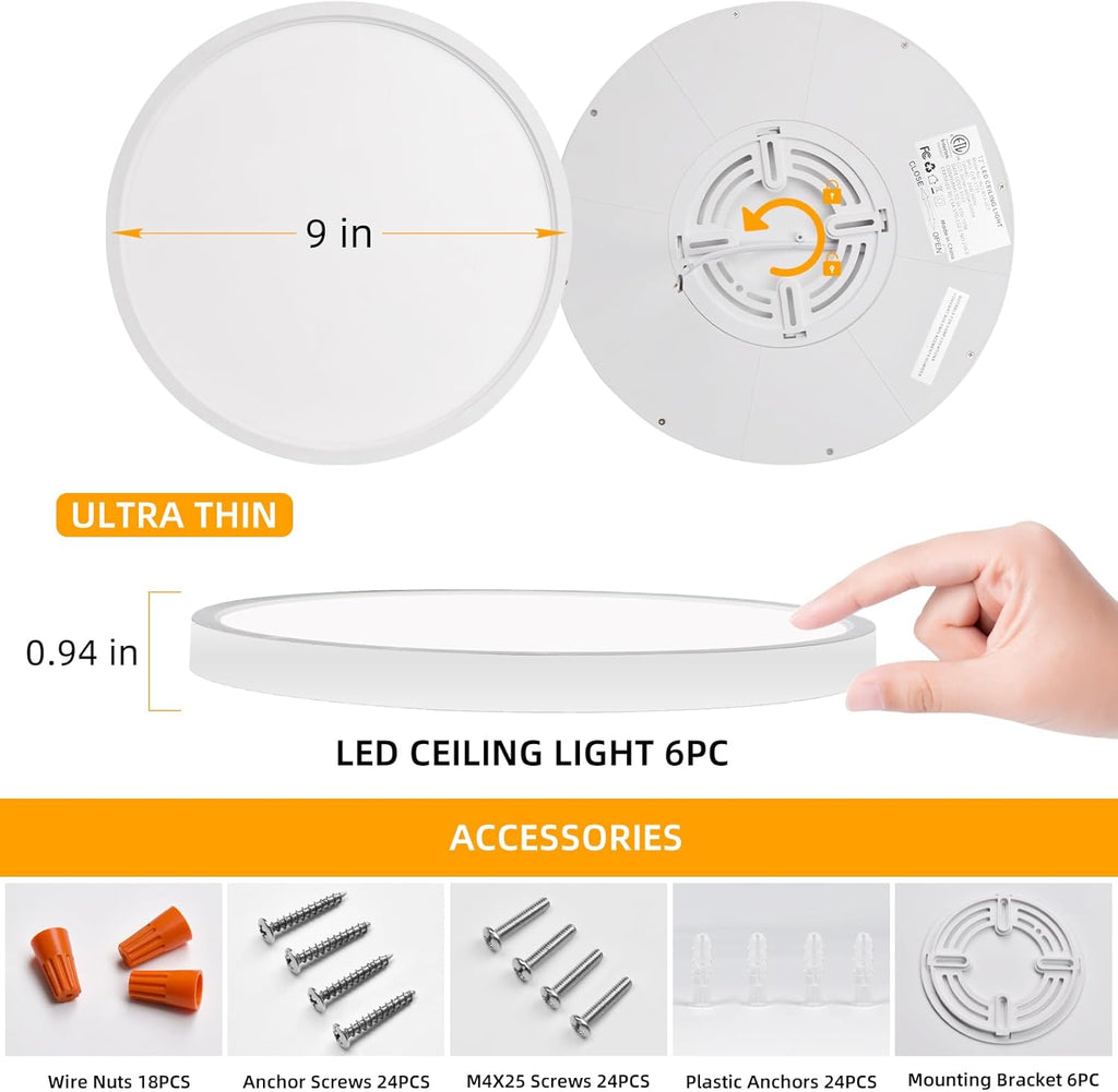 Hlite 6pack 9 Inch Flush Mount LED Ceiling Light Fixture,18W 1800LM Super Slim Light Fixtures Ceiling Mount 3000K/4000K/5000K 3CCT Selectable,Light Fixtures for Kitchen,Bedroom (White)