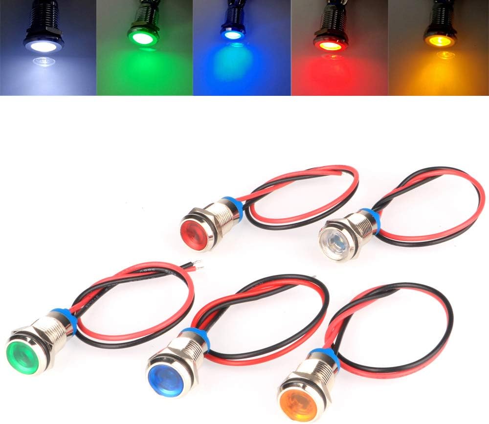 5pcs 10mm AC/DC 12-24V LED Metal Indicator Light Waterproof Signal Lamp Pilot Dash Directional Car Truck Boat with Wire